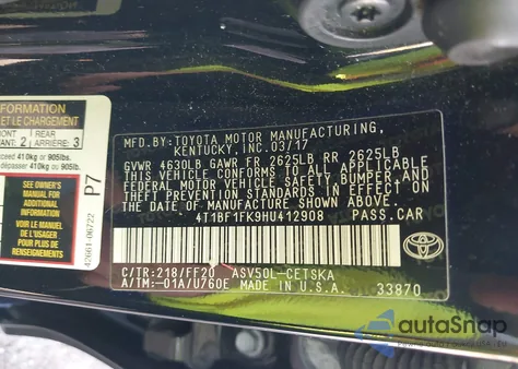 2017 Toyota Camry Se из США, поврежденный, VIN 4T1BF1FK9HU412908